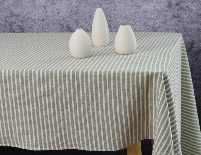 Linen Table Cloth- 55x55 Inch Stripe Pure Linen Green and White Table Cloth for Squre or Coffee Tables, for Winter, Fall, Thanksgiving, Machine Washable