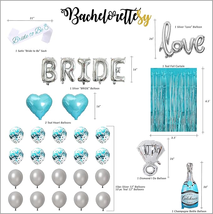Bachelorettesy 28pc Bachelorette Party Decorations Kit for Bride to Be, Bridal Shower Decorations, Engagement Party – Balloons, Sash, Foil Backdrop Curtain (Teal)