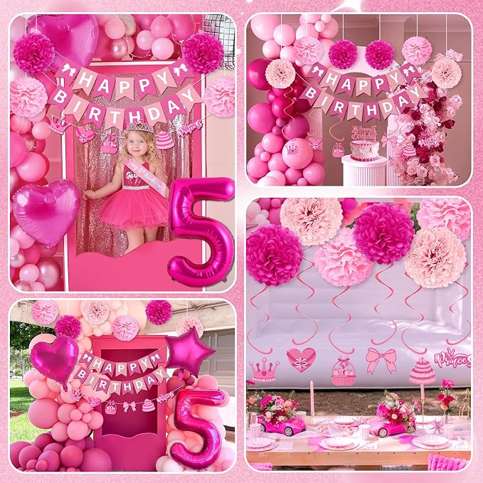 5th Birthday Decorations Girl, Pink Party Decorations with Number 5 Balloon Happy Birthday Banner Bday Sash Crown Tablecloth Fringe Curtain Hanging Swirl for 5 Year Old Girl Bday Decor