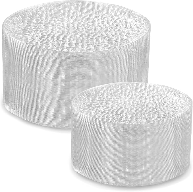 Rubtlamp 100Pcs Clear Plastic Plates, Heavy Duty Party Plates, Hammered Disposable Plates Include 50 Clear Fancy Dessert Plate, 50 Dinner Plate for Wedding Party
