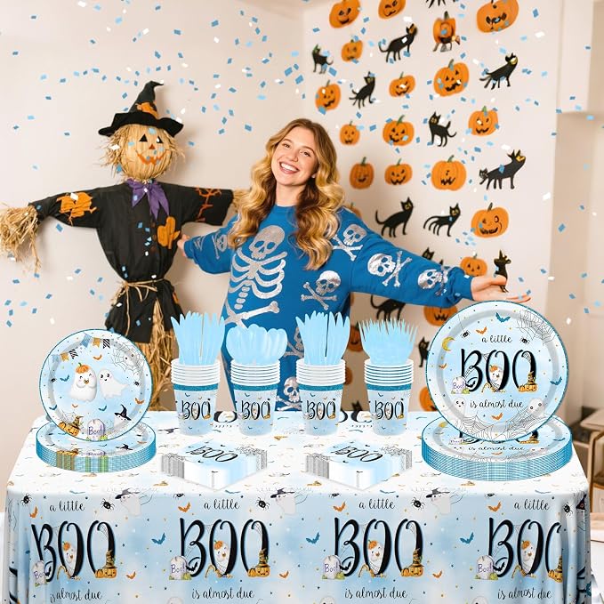 MEHOFOND Halloween Little Boo Baby Shower Decorations for Boy, A Little Boo is Almost Due Party Supplies Blue Disposable Tableware Set 169Pcs Plates Napkins Plastic Tablecloth for Baby Shower Party