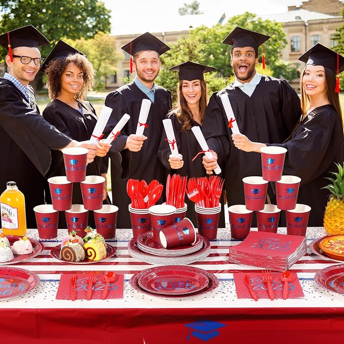 350pcs Class of 2026 Graduation Plates and Napkins Set, Disposable Paper Plate Set Polka Dots Plates Napkins Cups Knife Fork Spoon for Graduation Party Decorations and Supplies,Serve 50 (Red Blue）