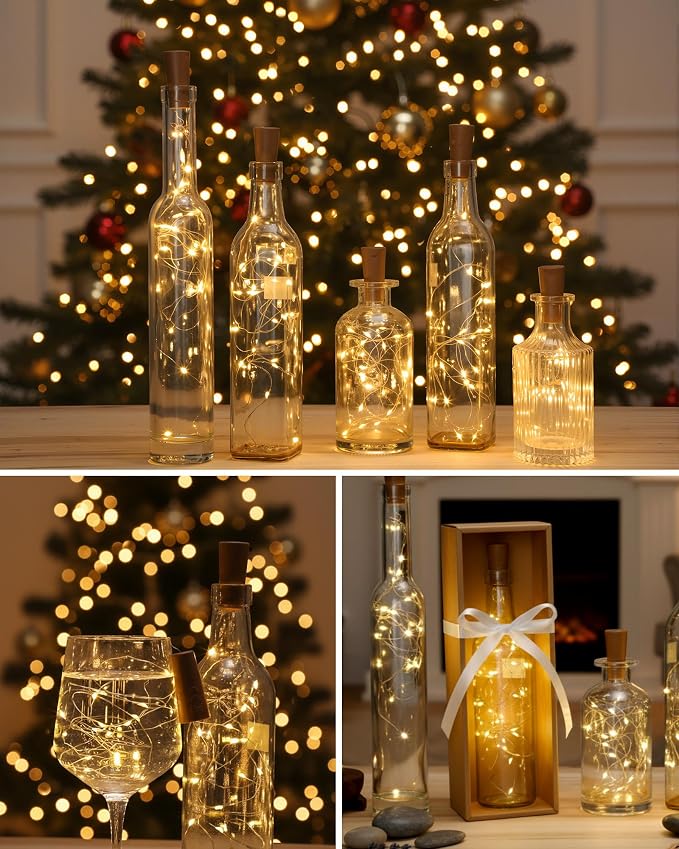 Hortsun 80 Pack Wine Bottle LED Lights with Cork Fairy Mini String Lights Battery Operated Mini Waterproof 7 ft Silver Wire 20 LED Cork Shape for Valentines, DIY, Party, Decor, Wedding (Warm White)