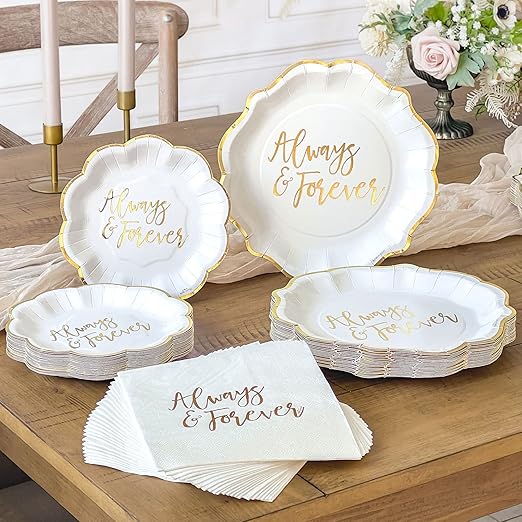 Kate Aspen Always & Forever Wedding Paper Plates and Napkins Set - 72 Piece Wedding Plates Disposable Party Tableware for 24 Guests - Bridal Shower Decorations, Engagement Party Decor
