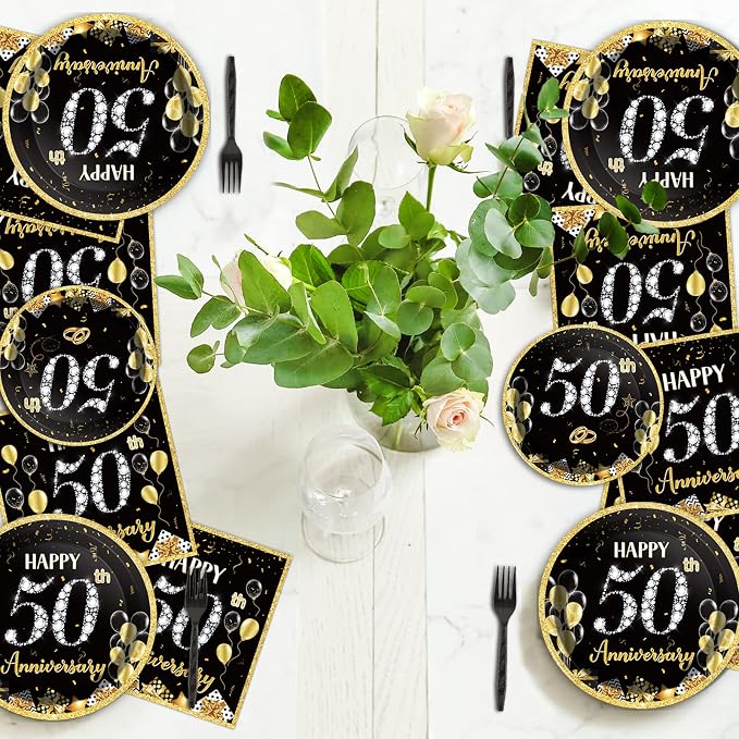 96 Pcs 50th Anniversary Party Paper Plate Napkin Fork Employee Career Wedding 50th Anniversary Gold Black Disposable Paper Dessert Dinner Tableware Fiftieth Anniversary Party Supplies Favors 24 Guests