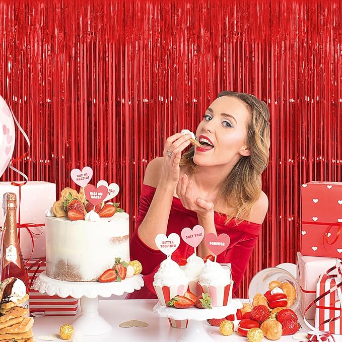 30 Pack Red Foil Fringe Curtain Backdrop, 3.3x8.2 Feet Metallic Tinsel Streamer Curtains Photo Booth Props for Wedding/Anniversary/Bridal Shower/Christmas/New Year/Valentine's Day Party Decorations