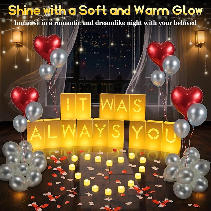 Lewondr IT WAS ALWAYS YOU Light Up Letters with 30pcs 6H Tea Lights Candles & Balloon & 2000 Rose Petals, Luminary Bags Engagement Party Decorations & Anniversary Decorations Ideal Gift for Men&Women