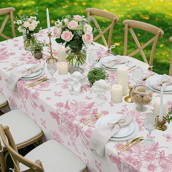6 Pack Pink Floral Plastic Tablecloths, 54 x 108 Inch Tea Party Tablecloth | PE material, waterproof surface, fits rectangular 8-10 seat tables, for tea party, wedding, birthday, baby shower