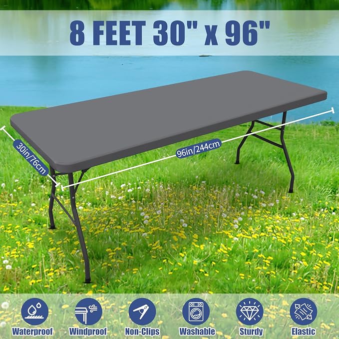 Moosfor Spandex 8 Foot Rectangle Table Cloth 6 Pack, Elastic Fitted Tablecloths for Picnic, Stretch Washable Patio Table Cover for Outdoor, Camping, Banquet and Parties (Grey, 30"x96")