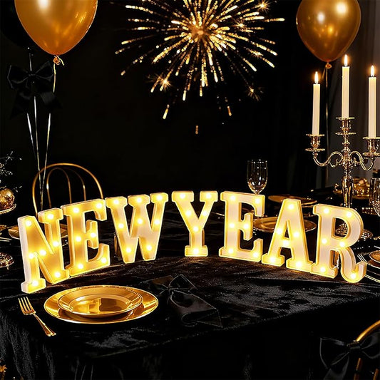 Aurelema 7 Pcs New Year Large LED Letter Sign LED Lights Battery Powered Table Decoration for New Year Christmas Party Tabletop Decoration