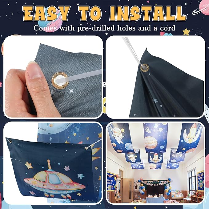 Gilprop 3 Pack Space Galaxy Ceiling Decorations for Classroom 24" x 12 ft Astronaut Rocket Planet Universe Hanging Banners, Outer Space Theme Decor for Nursery School Church Sunday Birthday Party