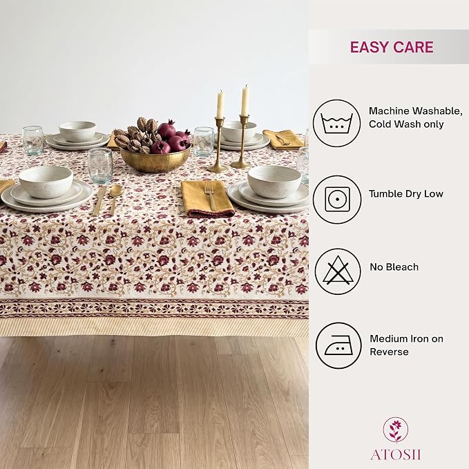 ATOSII Sophia 100% Cotton Square Boho Spring Summer Tablecloth, Handblock Floral Table Cloth Linen for Kitchen Dining I Parties Wedding Outdoors Picnic Easter Decor 60 X 60 Inches I 4 Seater