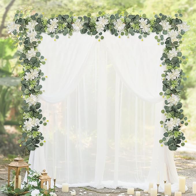 Dremisland Artificial Flowers Garlands 4 Pack 24Ft Eucalyptus Garlands with Flowers Dahlia Flower Vines Hanging Floral Garland for Wedding Arch Bedroom Home Wall Backdrop Room Decor