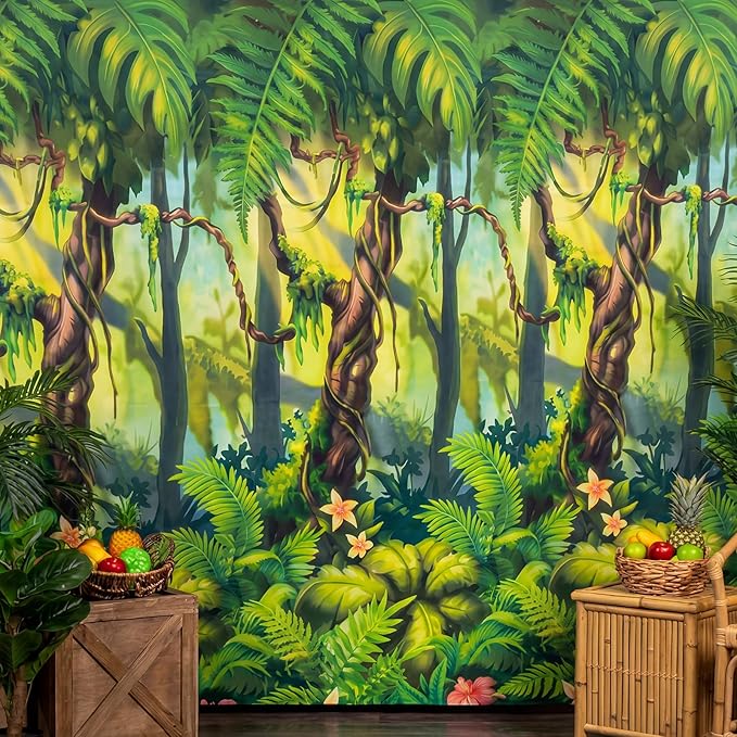 Oudain 54 Inch x 100 ft Rainforest Jungle Trees VBS 2026 Photo Wall Backdrop Tablecloth Roll with Cutter Box, Plastic Tablecloth for Rainforest Greenery Background Tropical Jungle Party Decor