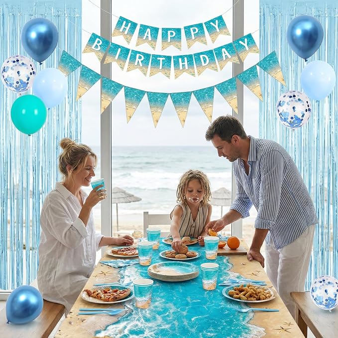 Beach Birthday Party Decorations, Beach Party Supplies, Plates and Napkins Sets [300 GSM], Tablecloths, Fringe Curtains, Banner, Ocean Themed Party Decorations, Under The Sea Beach Party Decorations