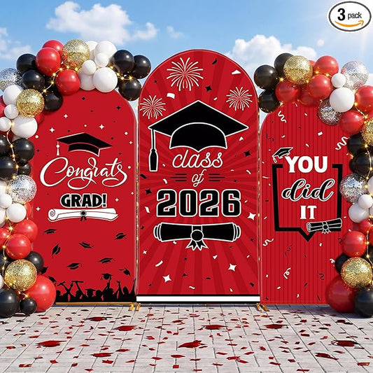 WovWeave Graduation Arch Backdrop Stand Cover Set of 3-4ft 5ft 6ft Grad Arch Cover Photo Booth Backdrop Decorations for Graduation Party Decor Supplies(Red Black,Class of 2026)