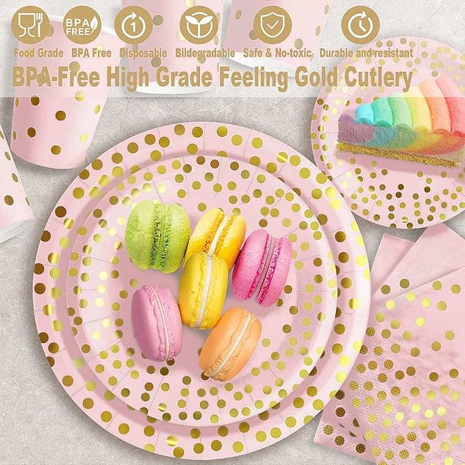AIRE Pink Gold Paper Plates, 175PCS Disposable Dinnerware Set for 25 Guests | Thick food-grade paper,ideal for elegant weddings birthday graduations,leakproof heavy-duty construction,eco-friendly party