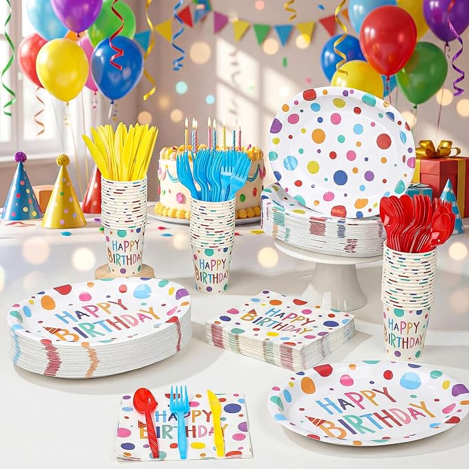 Pajean 350 Pcs Happy Birthday Party Supplies Oval Paper Plates Set with 12 inch Disposable Birthday Oval Plates and Napkins Colorful Dots Design Heavy Duty Paper Dinnerware Set for 50 Guests