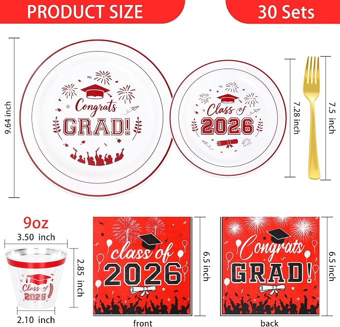 150 Pcs 2026 Graduation Plastic Plates with Disposable Silverware Serves 30 Guests, White Red Graduation Disposable Plates Including 30 Dinner&Dessert Plates, Cups, Napkins, Gold Forks for Party