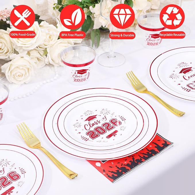 150 Pcs 2026 Graduation Plastic Plates with Disposable Silverware Serves 30 Guests, White Red Graduation Disposable Plates Including 30 Dinner&Dessert Plates, Cups, Napkins, Gold Forks for Party
