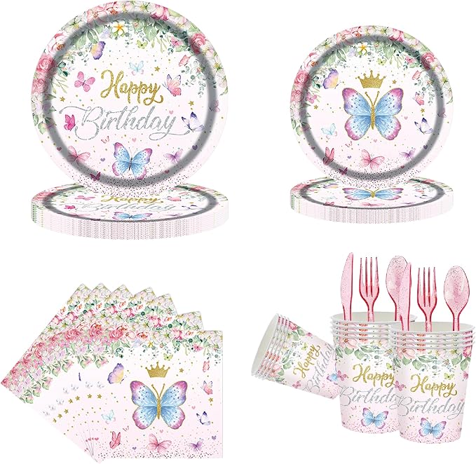 Butterfly Themed Happy Birthday Party Decorations, Plates Napkins Cups Tableware, Colorful Butterflies Backdrop Tablecloth, Happy Birthday Banner Cake Topper Colorful Printed Balloons for Kids Adults