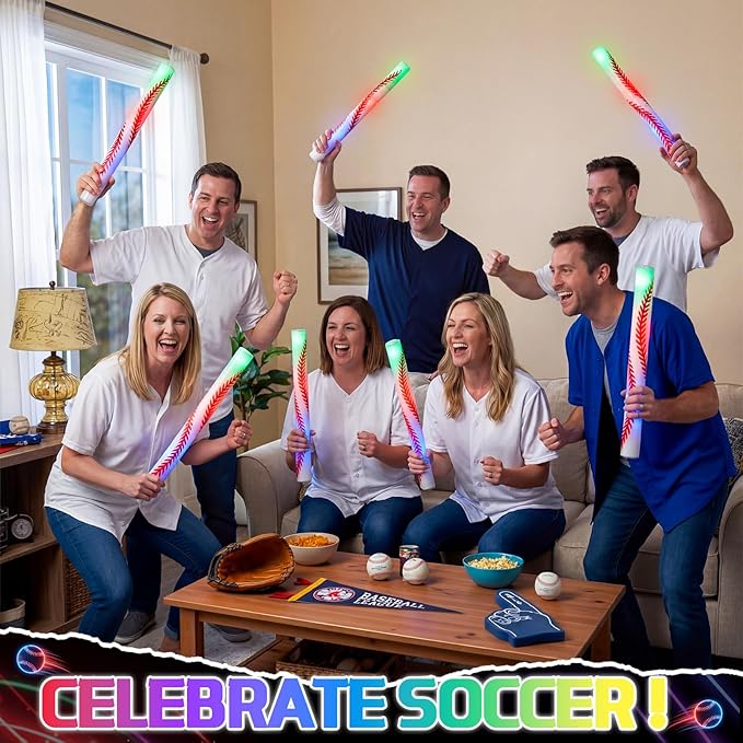 JellyArch 48 Pcs Sports Party LED Foam Sticks Baseball Foam Light up Cheer Sticks Batons with 3 Flashing Modes for Sports Events Birthday Parties Baseball Match Celebrations