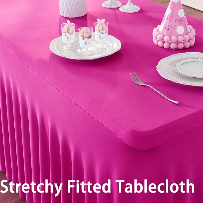 2 Pack Hot Pink Spandex Table Clothes for 6 Foot Rectangle Tables, Wrinkle Free Fitted Table Cover 6ft Fuchsia Stretch Tablecloths with Skirt for Parties Weddings Birthday Banquet Baby Shower