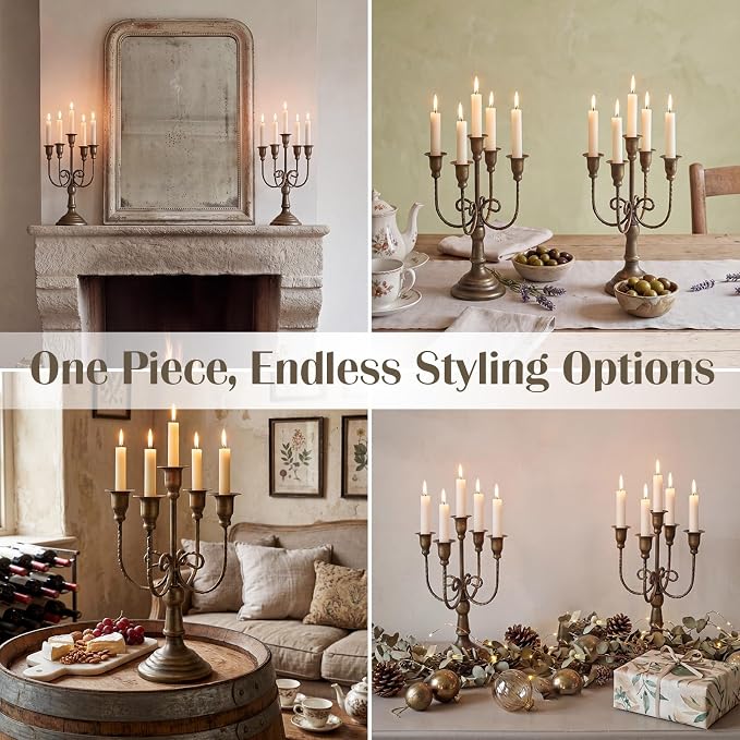 5 Arm Bronze Candelabra Candle Holder Set of 3, 11.7" Vintage Metal Candlestick Holders for Taper Candles Elegant Wedding Centerpiece Table Decor for Dining Room Fireplace Mantel Party Holiday Decor