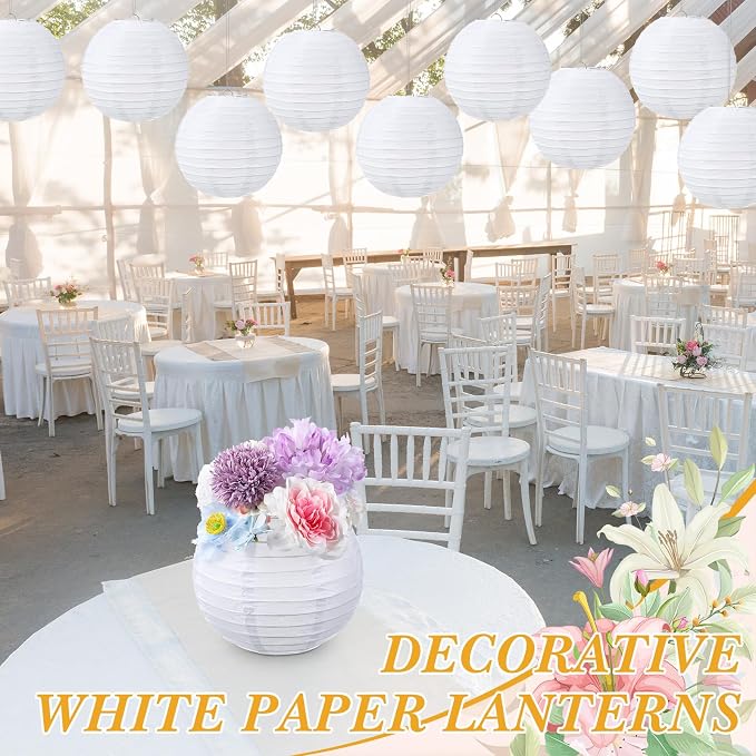 Treela 48 Pack White Chinese Japanese Paper Lanterns Decorative Hanging Round Paper Lantern Lamps for Wedding Birthday Party Decorations (8 Inch)