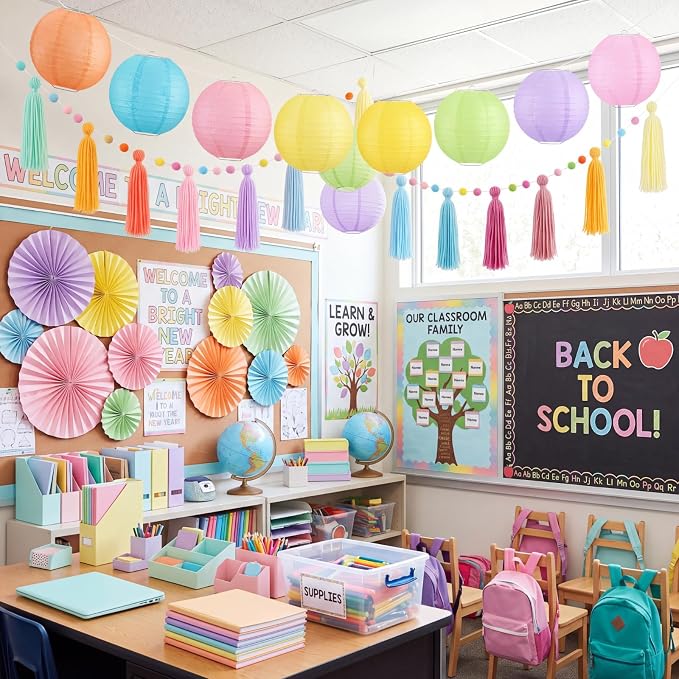 Feifeiya 20 Pcs Pastel Party Decorations for Classroom include 9 Hanging Paper Lanterns 9 Paper Fans 2 Pastel Rainbow Tassel Garland for Classroom Home Decor Birthday Baby Shower Wedding Supplies
