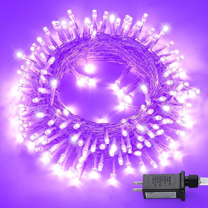 JMEXSUSS 99Ft Purple Halloween Lights, 300 LED Purple Christmas String Lights Clear Wire, Fairy Lights Indoor Outdoor Yard Tree Xmas Spooky Halloween Party Decor (Non-Connectable)