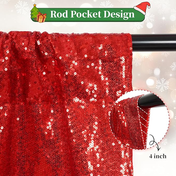 SquarePie 2 PCS 2x8ft Red Sequin Backdrop Curtains, Satin-Backed Shimmering Photo Booth Background, 2 Panels Narrow Real Sequin Drapes with 4" Rod Pocket for Party, Baby Shower, Doorway Decor