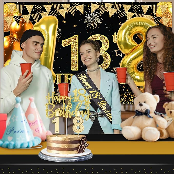 18th Birthday Decorations for Boys Girls with 18th Birthday Banner, Black and Gold Table Cloth, Number Balloons, Large Sash, Cake Topper and Candles