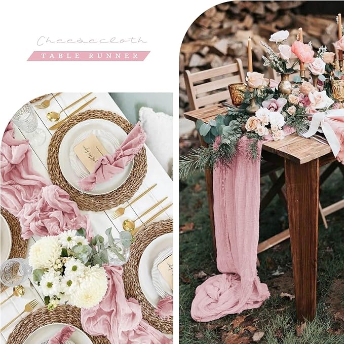 12 Pack Light Pink Table Runner, 10FT Cheesecloth Table Runner Long Romantic Semi Sheer Rustic Boho Gauze Table Runners for Wedding Bridal Shower Birthday Party Decorations(21.5×120 Inch)