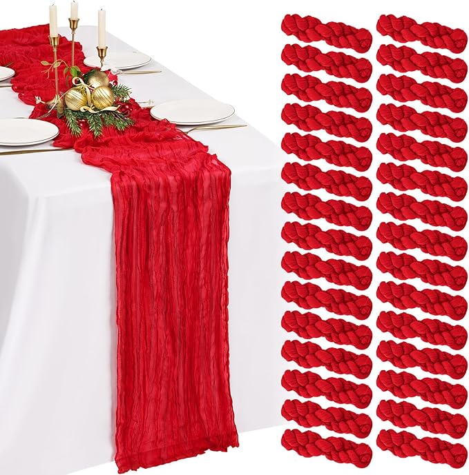 30 Pack Cheesecloth Table Runner 10FT Red Table Runner Boho Gauze Cheese Cloth Table Runners Long Rustic Sheer Table Decorations for Wedding Party Baby Bridal Shower Birthday Holiday Home