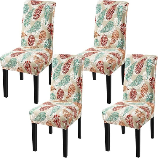 Fuloon Chair Covers for Dining Room 4 Pack, Printed Stretch Dining Slipcovers, Washable Kitchen Slip Covers for Parson Chair, Color Leaves Printed, Set of 4