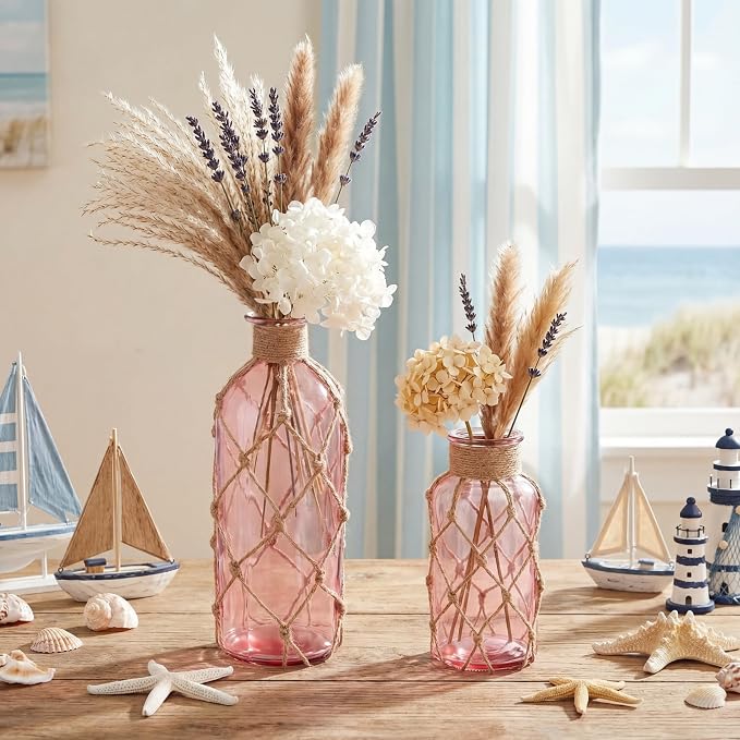 Chuangdi Set of 2 Coastal Glass Vases for Flowers TSITP Flower Vase with Boho Rope Small Sea Glass Jar Nautical Beach Bottle for Wedding Table Centerpieces Floral Arrangement Decor(Pink)