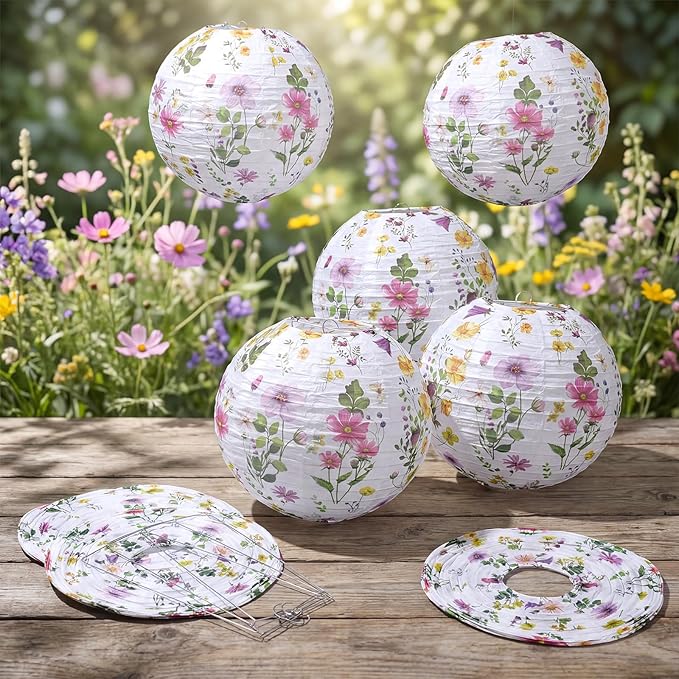 Honoson 12 Pcs Wildflower Paper Lanterns Spring Floral Watercolor Wildflower Party Decorations Hanging 10 Inch Chinese Lanterns for Wedding Bridal Shower Baby Shower Tea Party Decorations