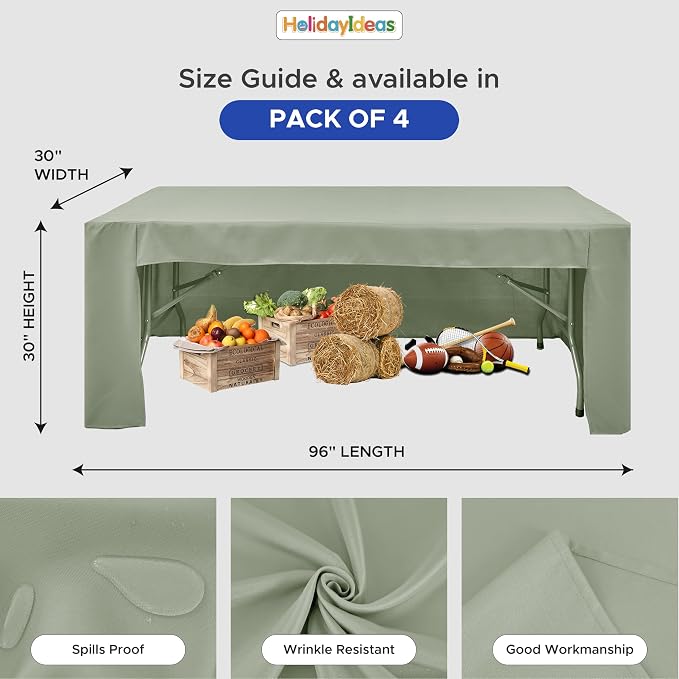 HolidayIdeas 4-Pack 8ft Open Back Fitted Tablecloths for Craft Shows Sage Green