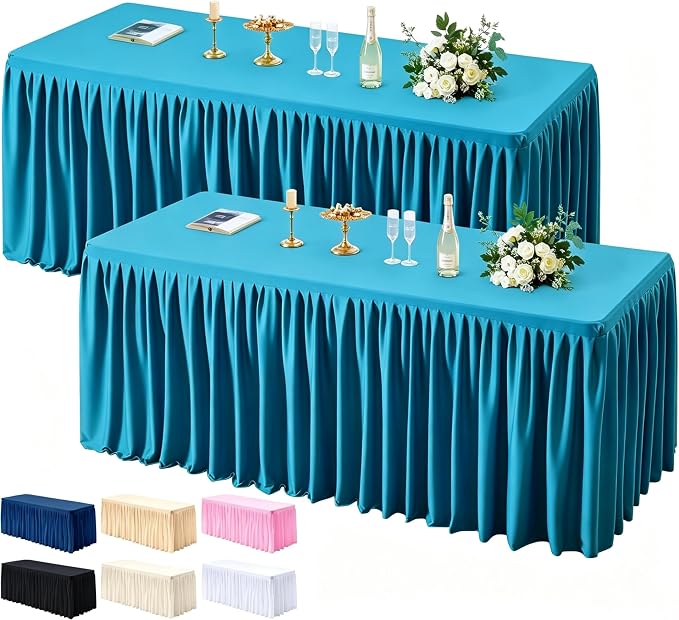 PARTISKY 2 Pack Turquoise Tablecloths for Rectangle Tables 6ft, Wrinkle Resistant Table Cover Fitted Stretch Table Cloth with Pleated Ruffle Skirts for Party Banquet Dining Birthday Wedding