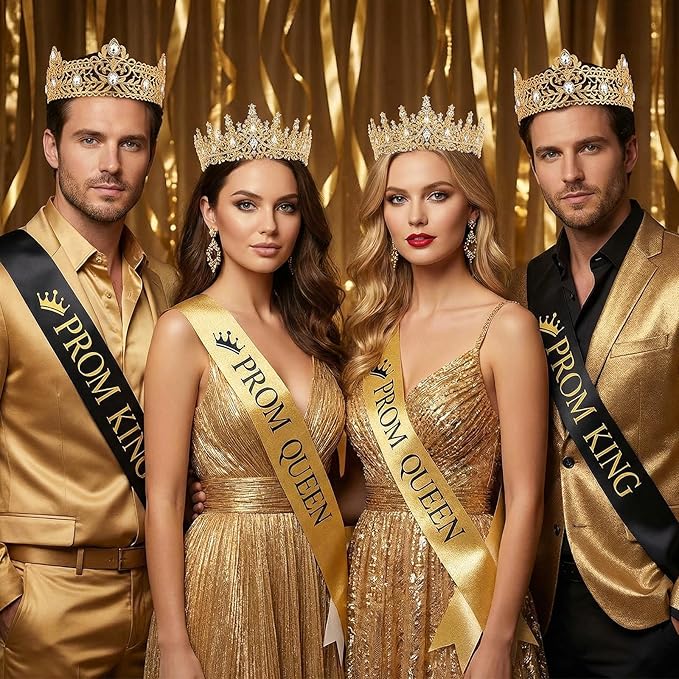 Retrowavy 4 Pcs Prom King and Queen Crown Set with Sashes Prom King Queen Sash and Tiara Set for 2026 Grad Birthday Carnival Wedding Costume Accessories(Gold)