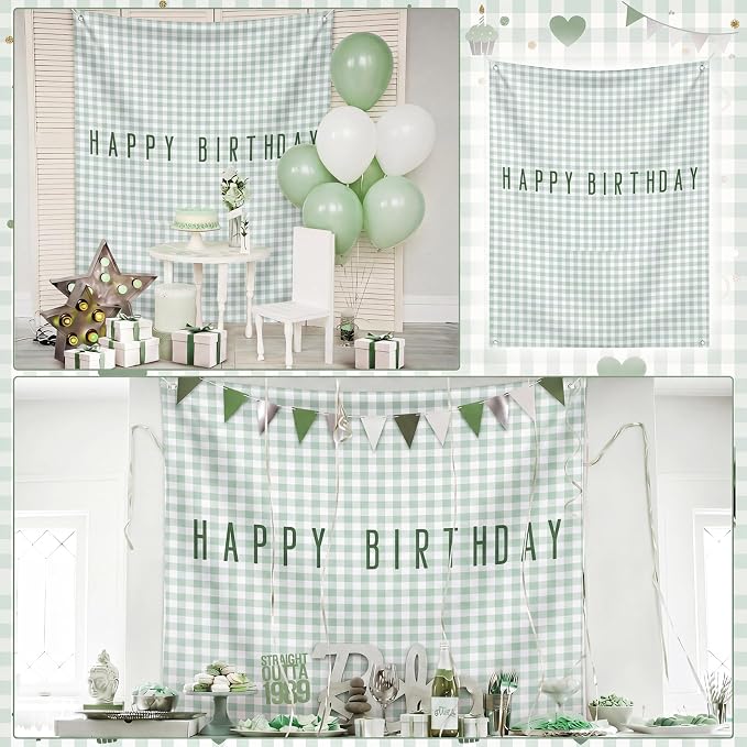 Flutesan 7x5ft Green Gingham Happy Birthday Backdrop Large Banner Fabric Tapestry Birthday Party Decoration Baby Shower Linen Rustic Background Wall Photo Props Indoor Outdoor