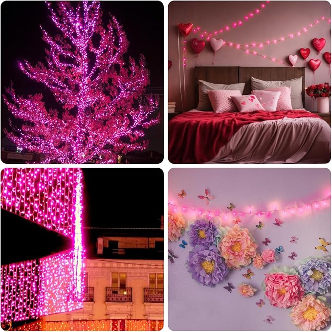Christmas Lights - 196ft 4 Pack 150 Count Connectable Waterproof Led Fairy Lights Bulbs for Indoor Outdoor Christmas Tree Wedding Valentine's Day Decor (Pink, 150 Count - 4 Pack)