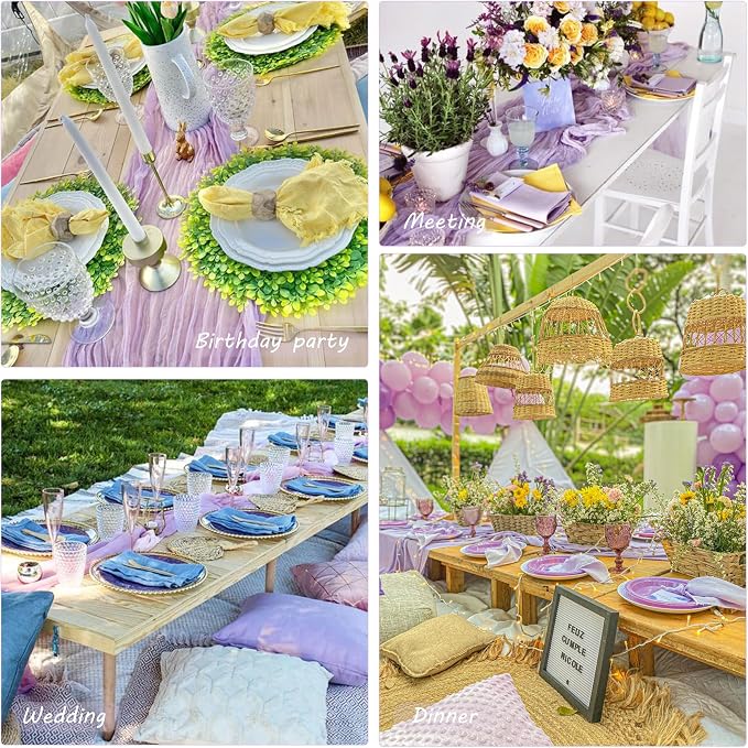 12 Pack Boho Gauze Table Runner - 35x72 Inch Rustic Cheese Cloth Long Runner for Wedding, Bridal Shower, Birthday Party Decor (Light Purple)