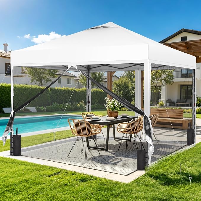 GDY 10x10 Pop up Canopy Tent with Mosquito Netting, Easy up Gazebo for Patio, Camping and Garden, Includes 4 Sandbags, White