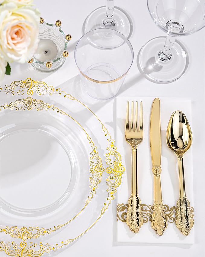 Nervure 175PCS Clear Gold Plastic Plates - Gold Disposable Dinnerware Set for 25 Guests Include 50 Disposable Plates, 75 Plastic Silverware, 25 Cups, 25 Napkins for Wedding & Party
