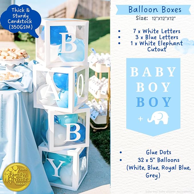 187 Pc Elephant Baby Shower Decorations for Boy - Blue Balloon Garland Kit | 2025 Family Choice Award winner - reusable Oxford-cloth backdrop (not paper), BABY BOY boxes, banner & printable games