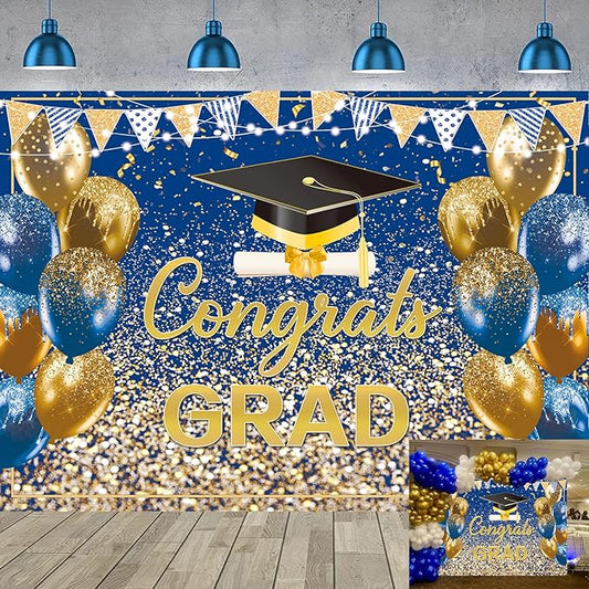 2026 Graduation Backdrop Blue Gold Congrats Grad Bachelor Cap Balloon Prom Send Off Photography Background School Celebration Class of 2026 Party Decor Banner Photo Props (Blue Gold, 10x8FT)