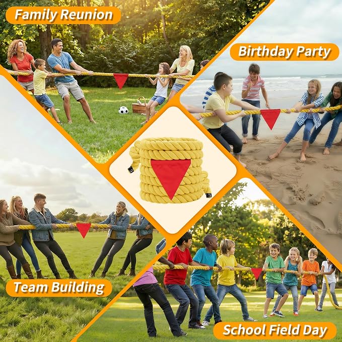 Tug of War Rope for Kids & Adults - 40ft Soft Cotton Outdoor Pulling Rope with Flag for Team Building Activities Field Day Family Reunions Birthday Parties Camping Games- Yellow