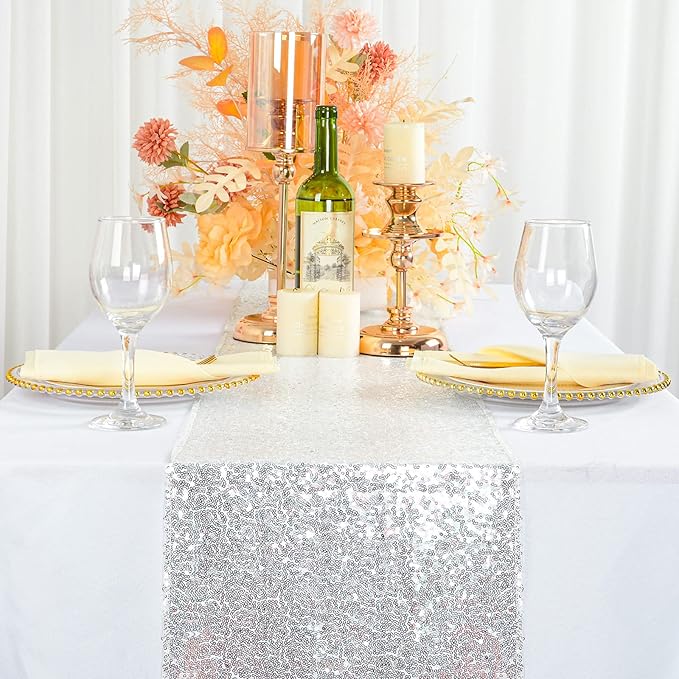 ShinyBeauty Sequin Table Runner 12x108-Inch-Silver-1Pack Table Runners 12inx108in Silver Pack of 1 Elegant Wedding Party Decor (1, Silver)